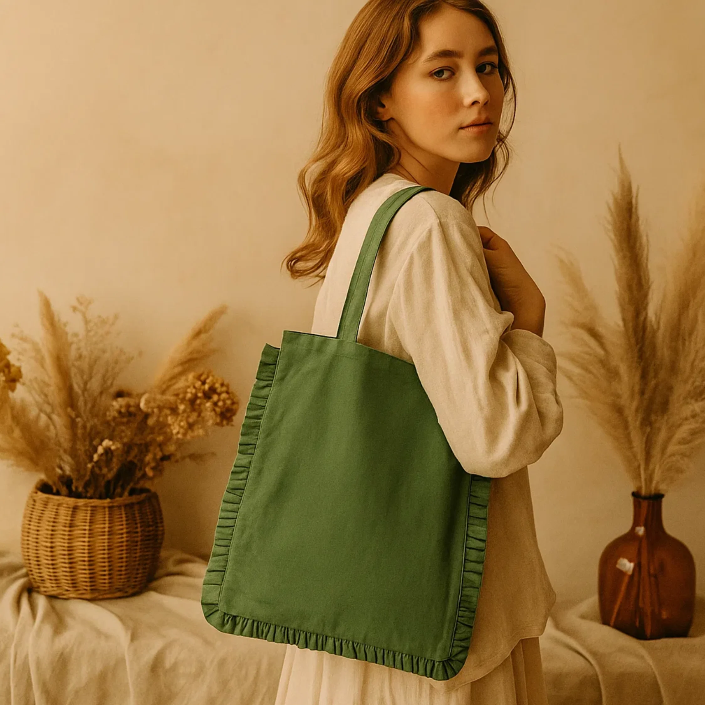 Canvas Ruffle Tote / Green / 14.5" x 19"