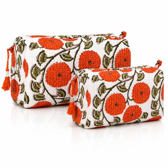 Cotton Block Print Pouch Set / Orange Floral