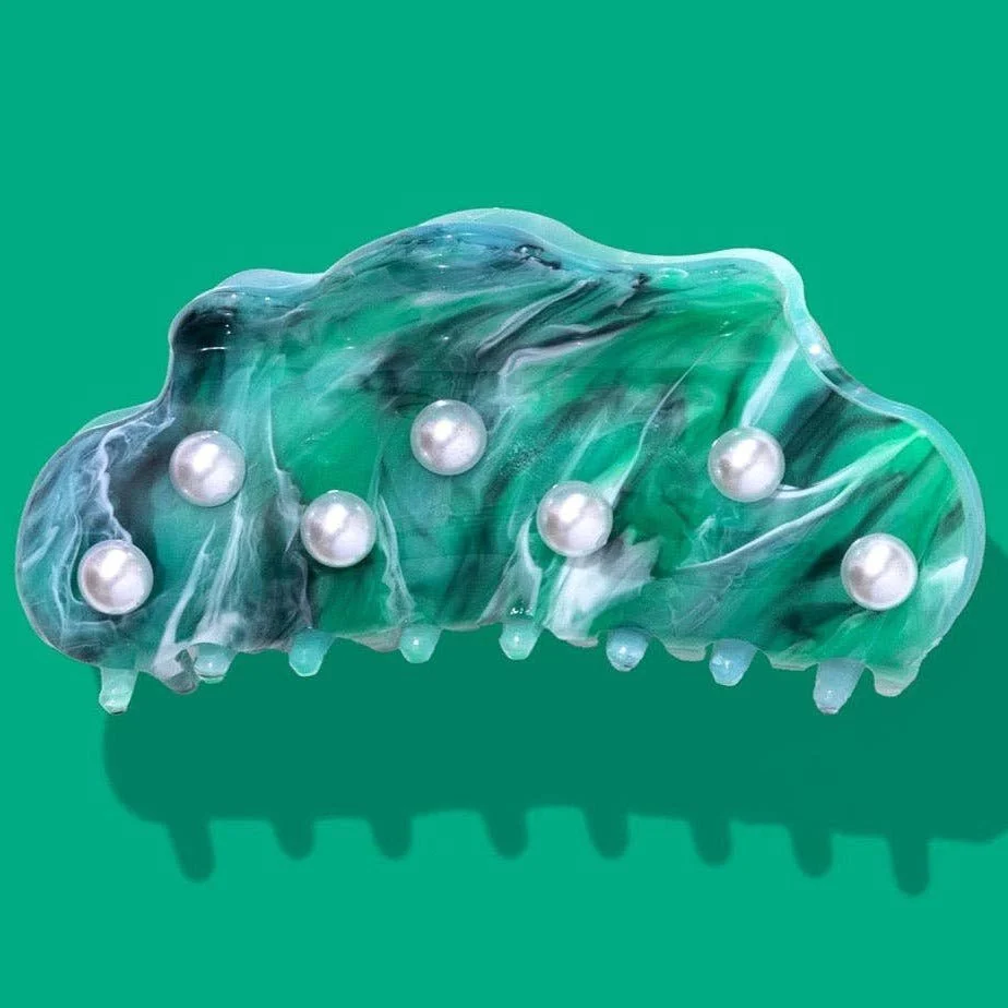 Large Claw Hair Clip / Turquoise with Pearl Beads