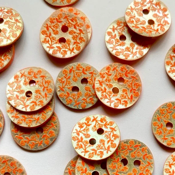 Orange Floral Lasered Shell Button 9/16"
