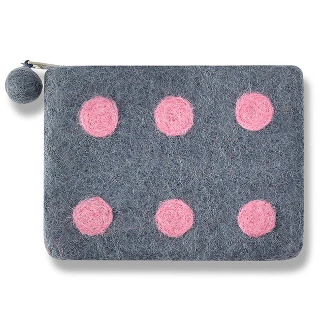 Wool Felt Coin Purse / Grey with Pink Polka Dots