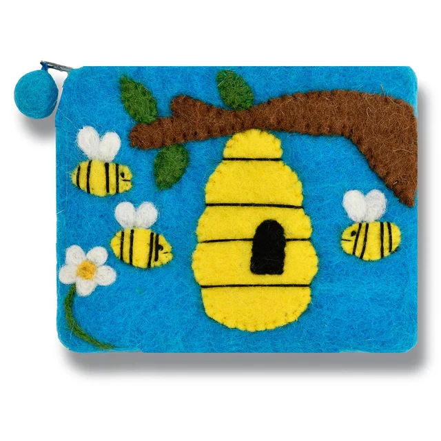 Wool Felt Coin Purse / Turquoise Bee Hives