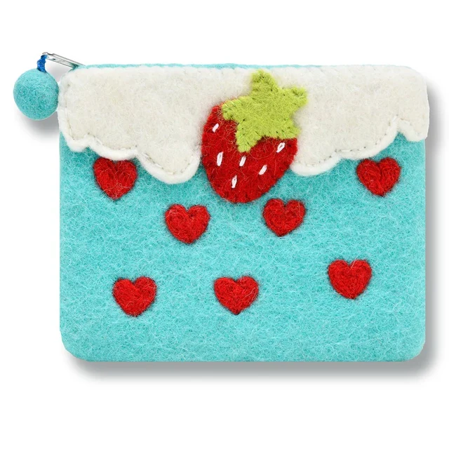 Wool Felt Coin Purse / Turquoise Strawberry with Heart
