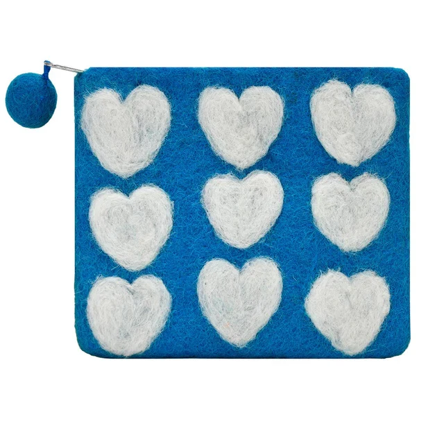 Wool Felt Coin Purse / Turquoise with White Hearts
